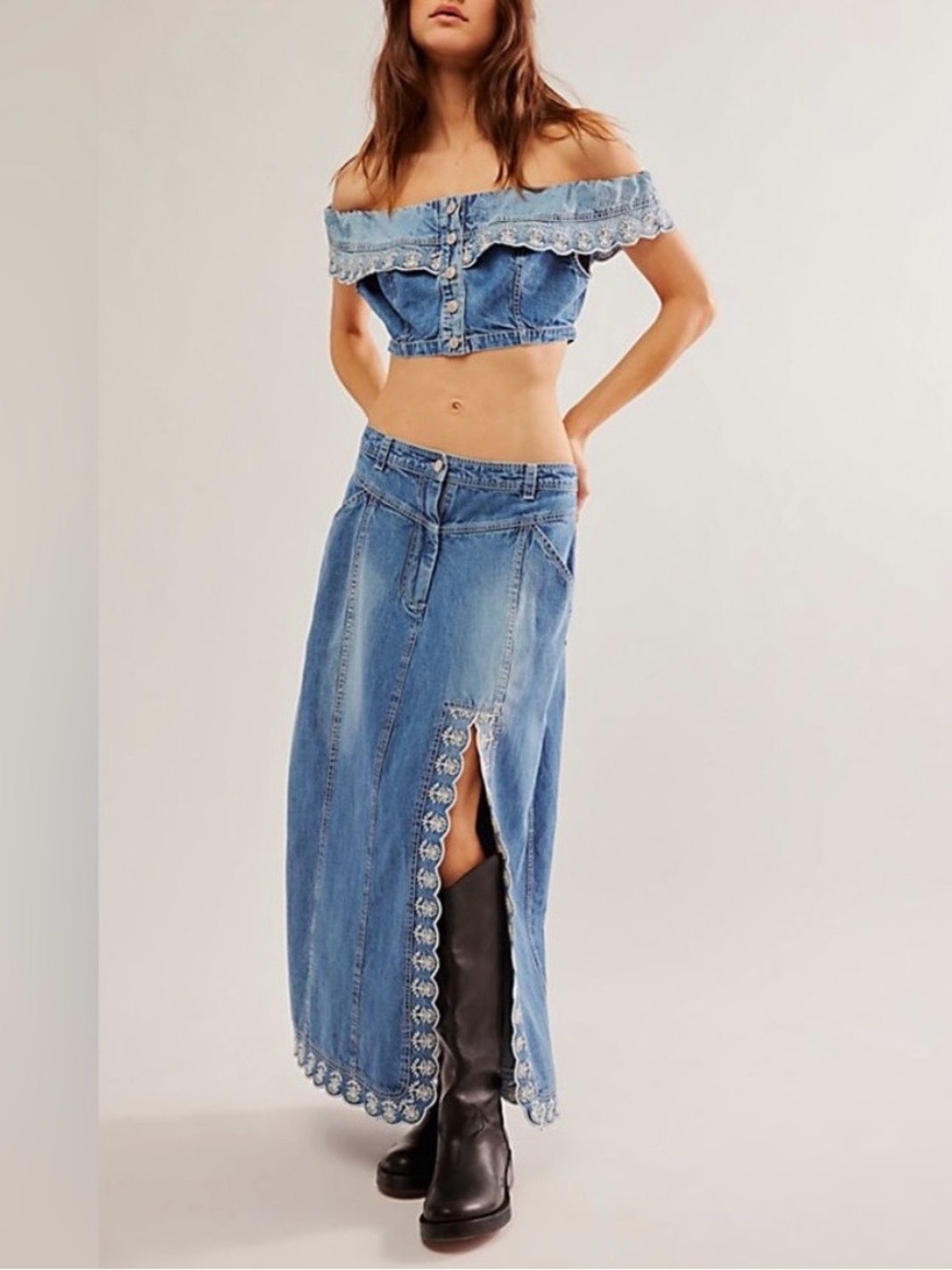 Free People Kora SET Blue Denim Off The Shoulder Top Skirt Embroidered NWOT✨Sz 2